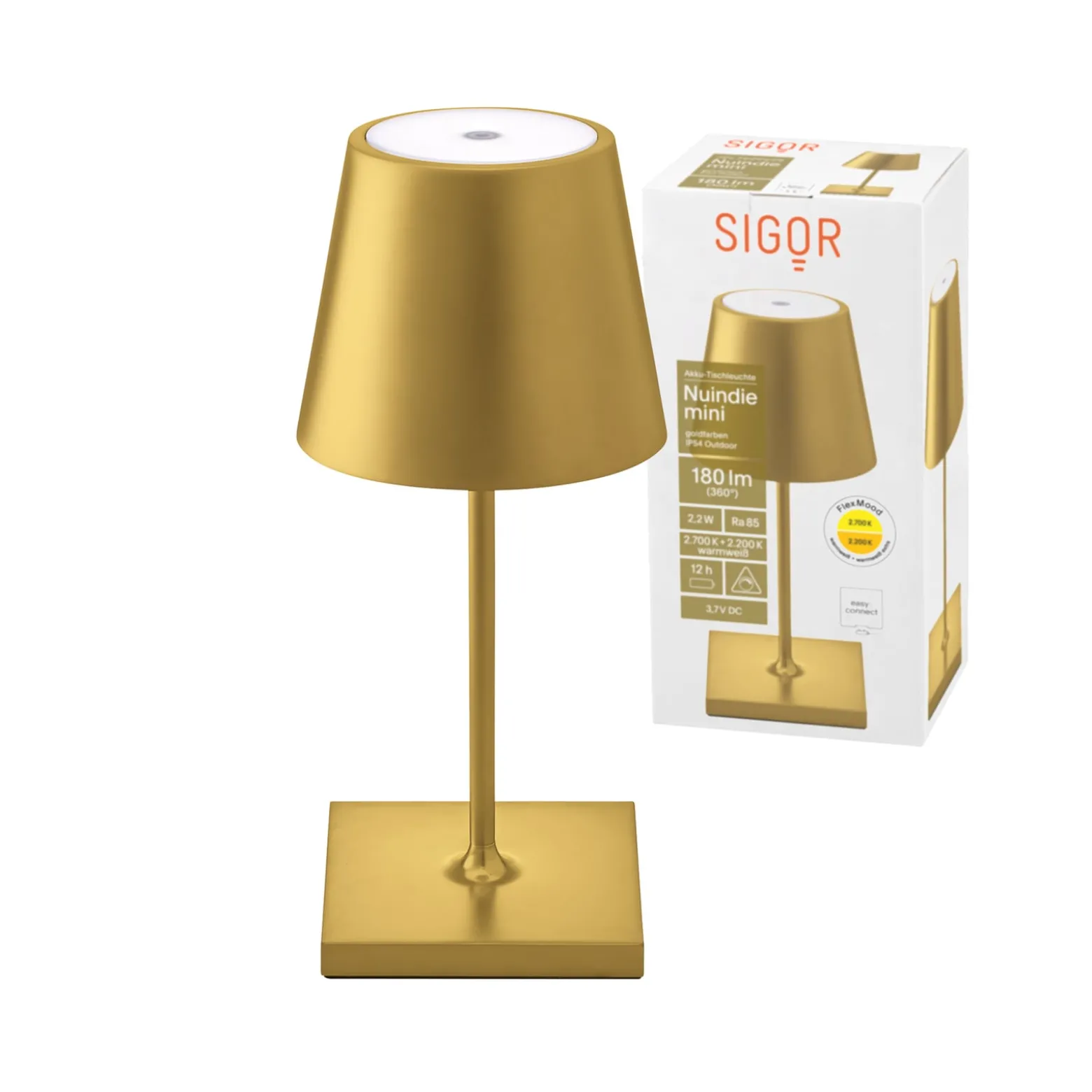 LED-Akkutischlampe Nuindie mini, USB-C, gold, IP54, dimmbar