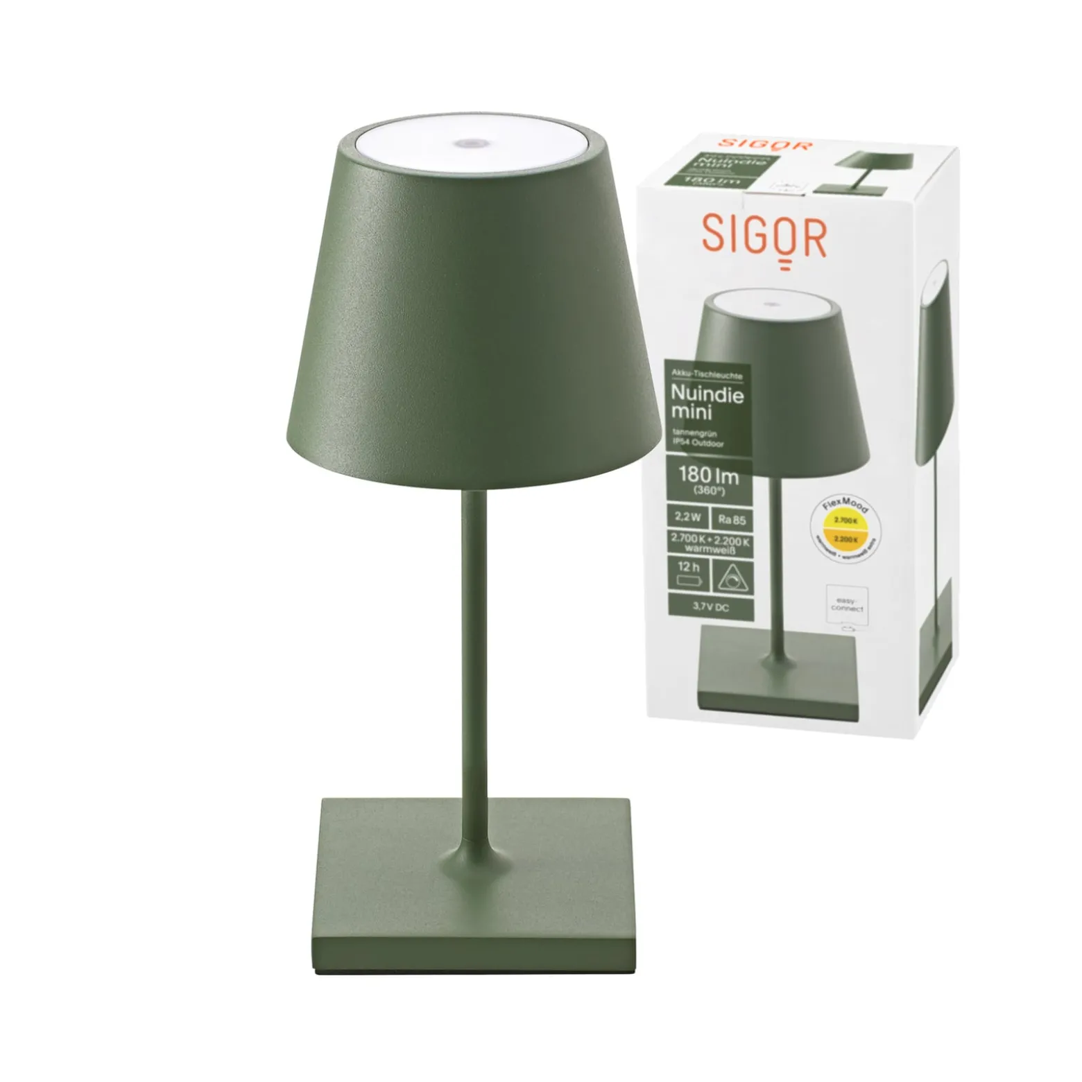 LED-Akkutischlampe Nuindie mini, USB-C, tannengrün, dimmbar