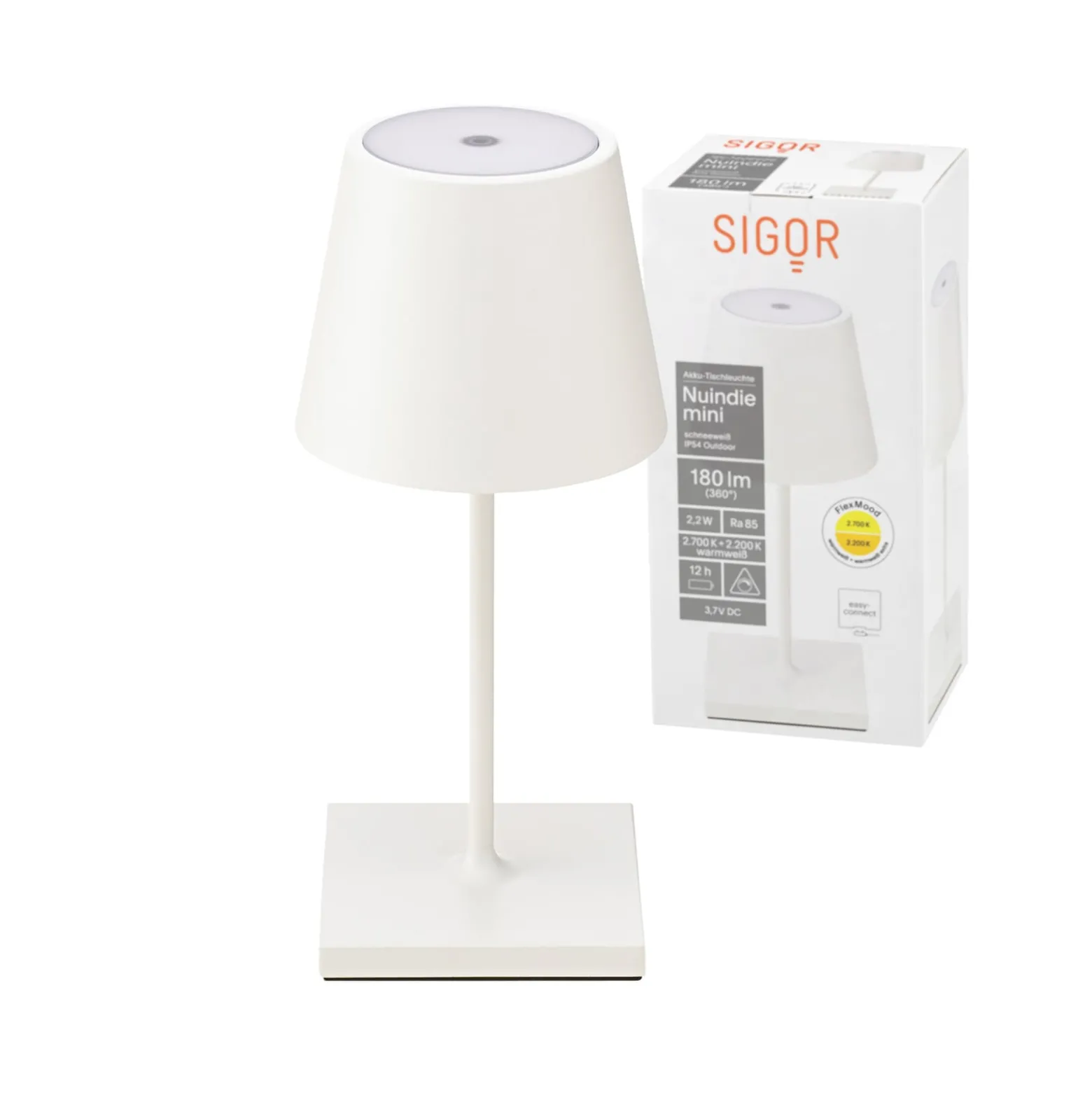 LED-Akkutischlampe Nuindie mini, USB-C, weiß, IP54, dimmbar