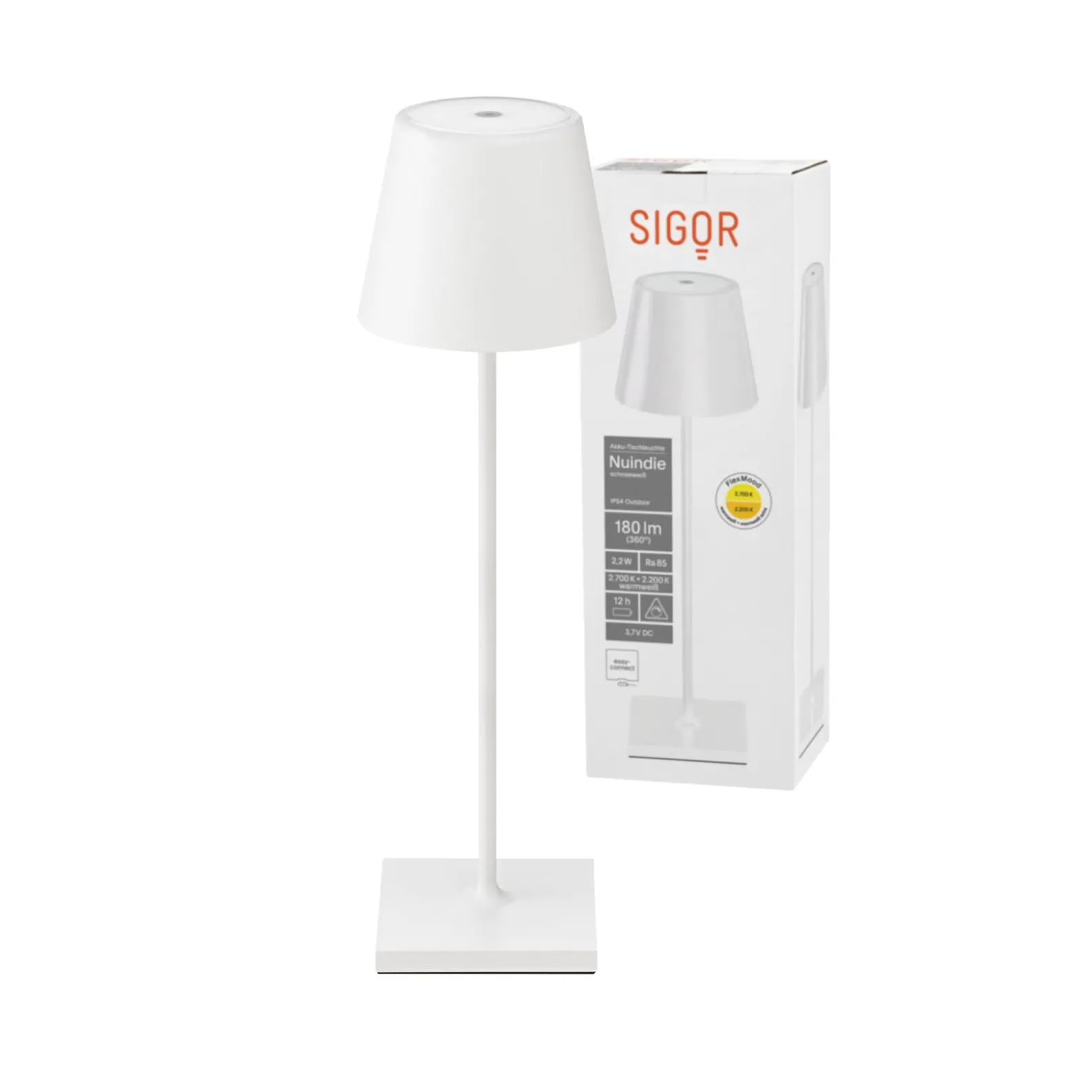 LED-Akkutischlampe Nuindie, USB-C, weiß, IP54, dimmbar