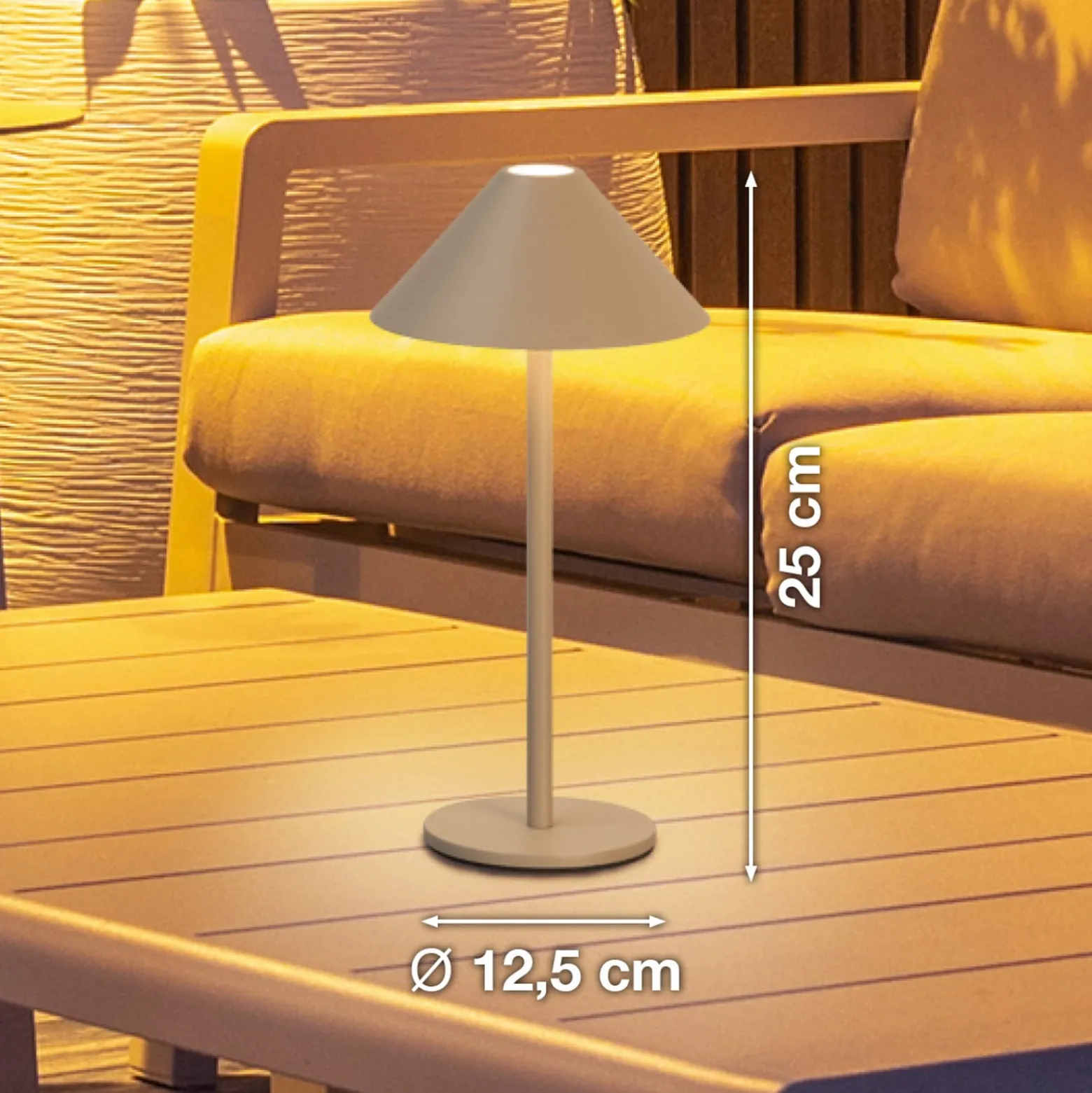 LED-Akku-Tischlampe Prato, greige, Höhe 25 cm Metall IP54