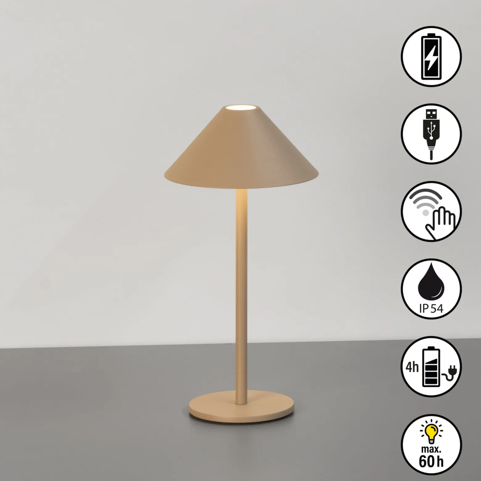 LED-Akku-Tischlampe Prato, greige, Höhe 25 cm Metall IP54