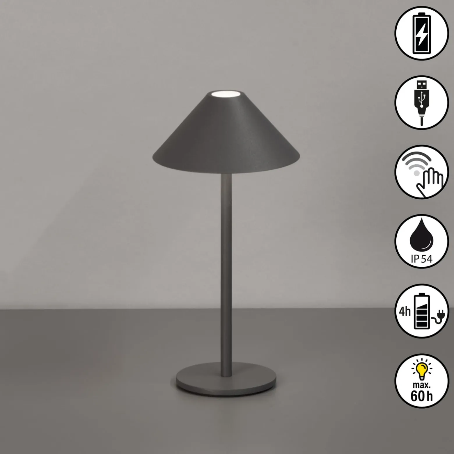 LED-Akku-Tischlampe Prato, sandgrau, Höhe 25 cm Metall, IP54