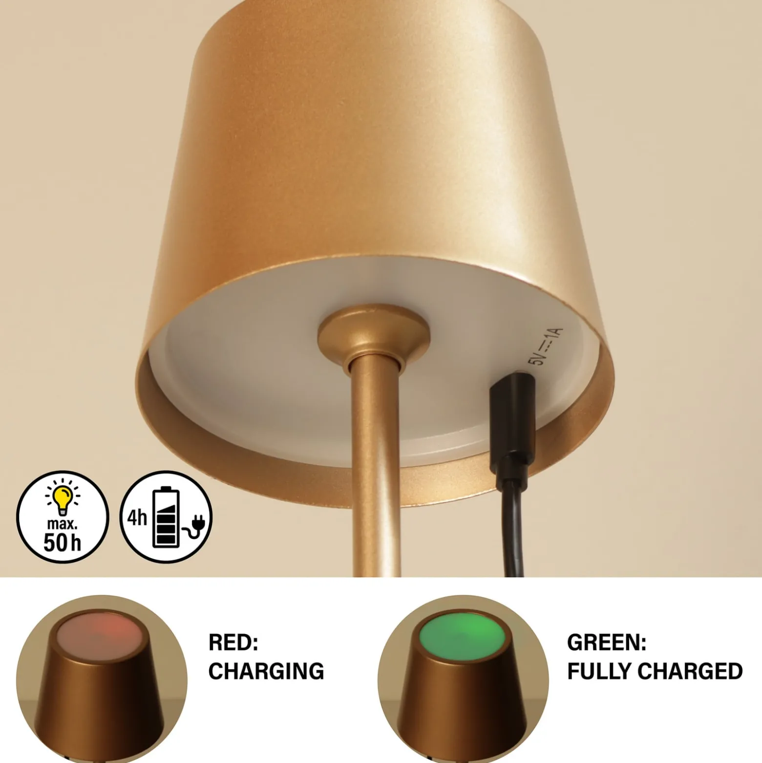 LED-Akku-Tischlampe Roxi, coffeefarben, Metall, IP54, Dimmer