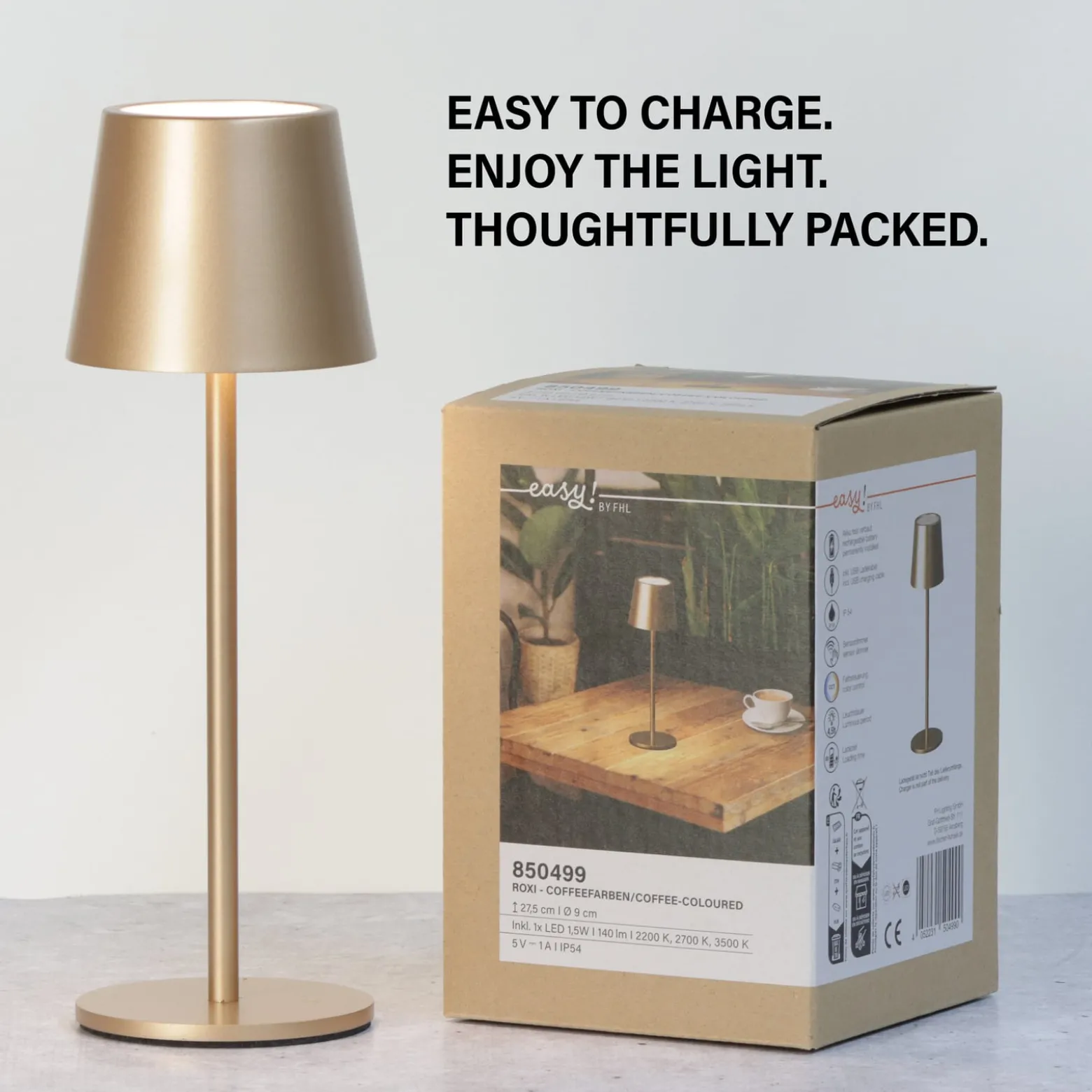 LED-Akku-Tischlampe Roxi, coffeefarben, Metall, IP54, Dimmer