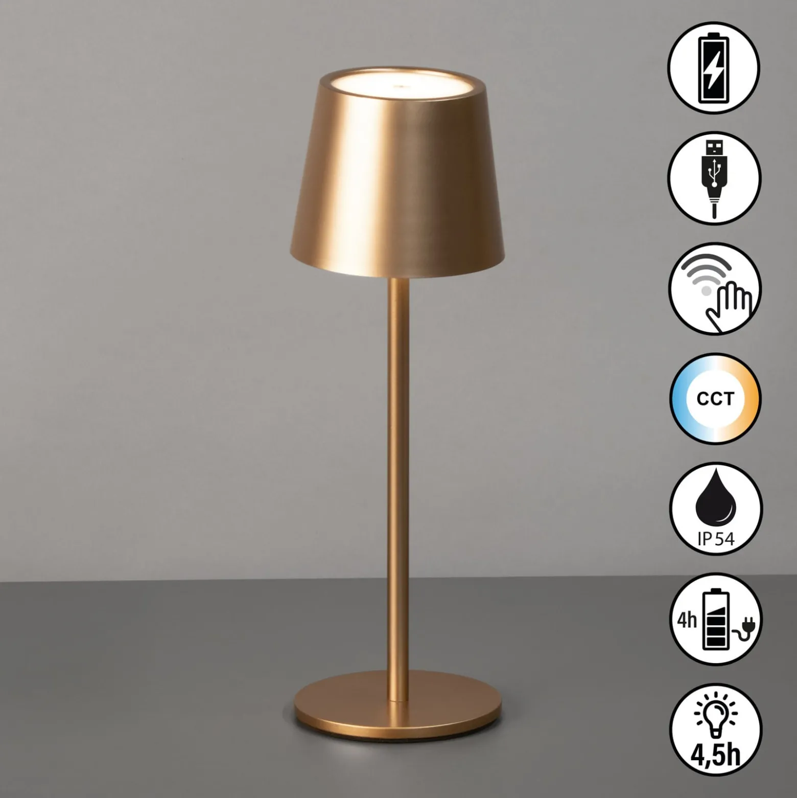 LED-Akku-Tischlampe Roxi, coffeefarben, Metall, IP54, Dimmer