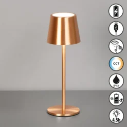 LED-Akku-Tischlampe Roxi, kupferfarben, Metall, IP54, Dimmer