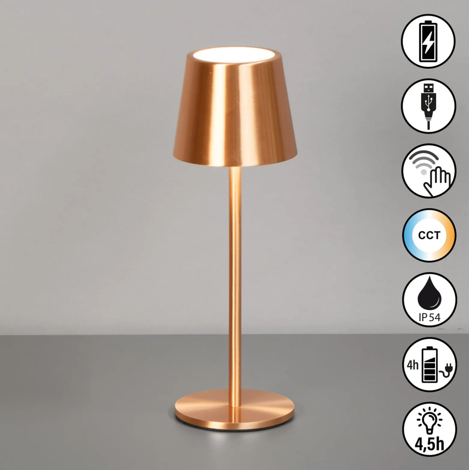 LED-Akku-Tischlampe Roxi, kupferfarben, Metall, IP54, Dimmer