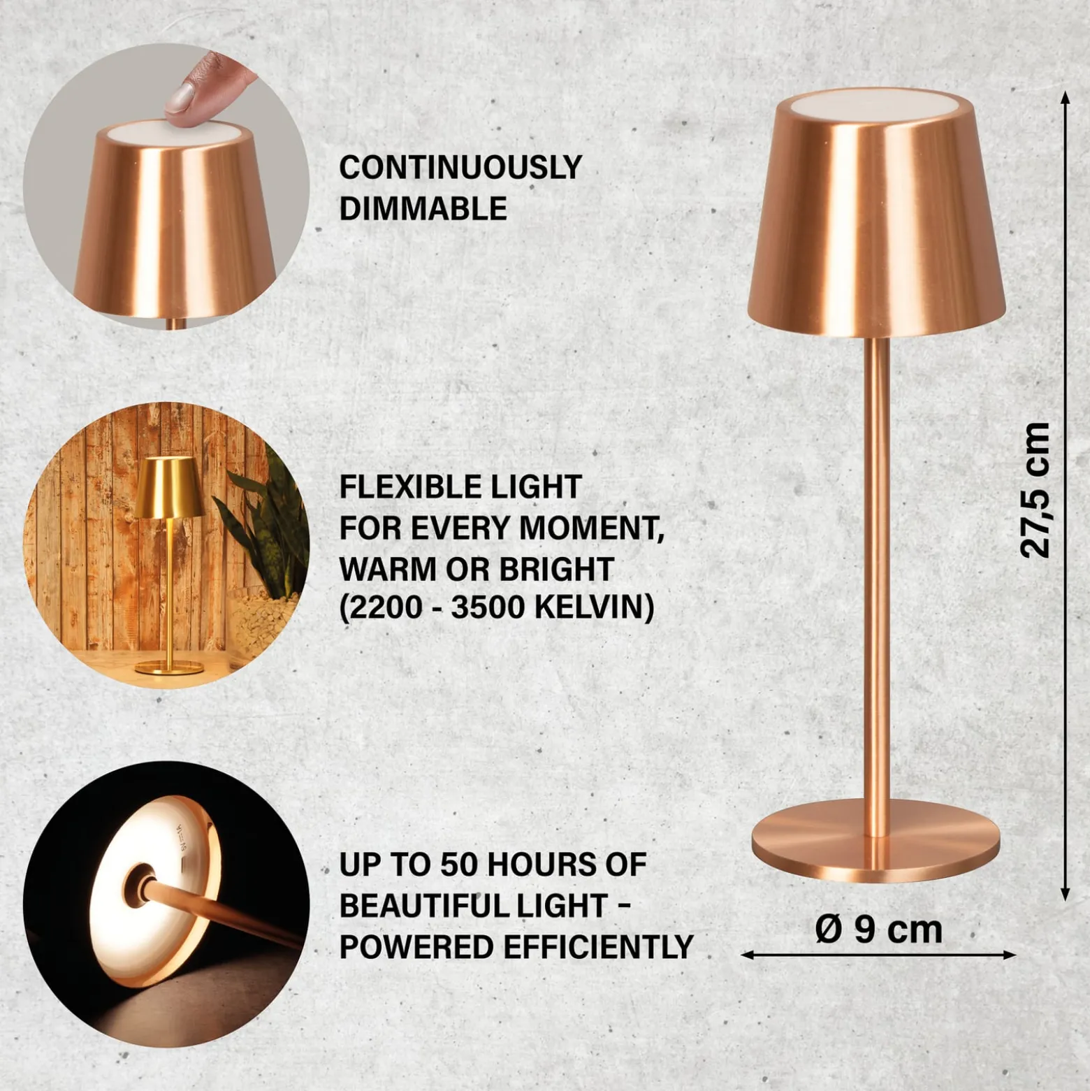 LED-Akku-Tischlampe Roxi, kupferfarben, Metall, IP54, Dimmer