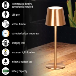 LED-Akku-Tischlampe Roxi, kupferfarben, Metall, IP54, Dimmer
