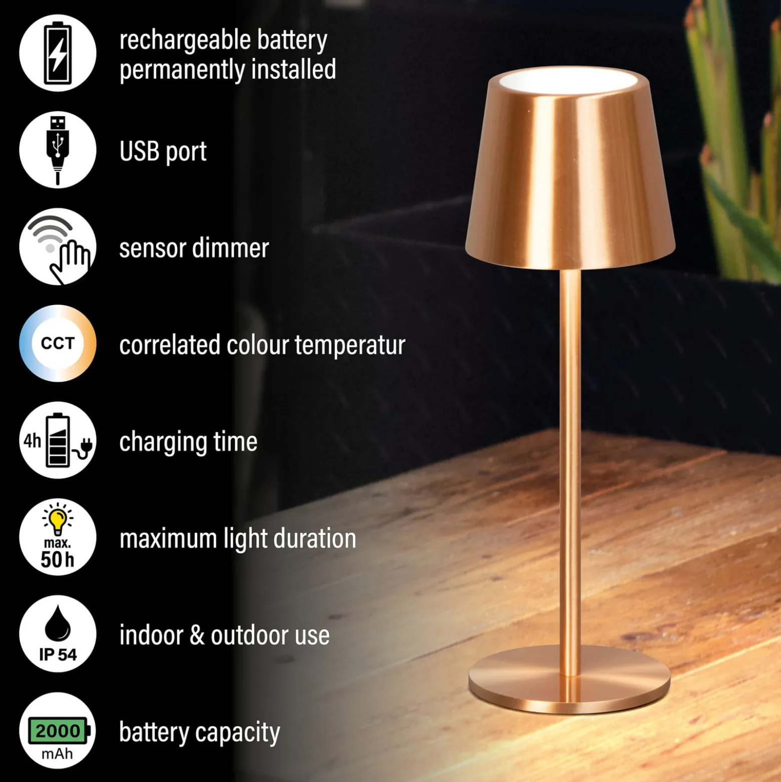 LED-Akku-Tischlampe Roxi, kupferfarben, Metall, IP54, Dimmer