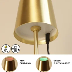 LED-Akku-Tischlampe Roxi, messingfarben, Metall, IP54 Dimmer