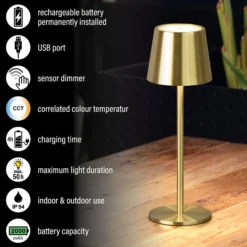 LED-Akku-Tischlampe Roxi, messingfarben, Metall, IP54 Dimmer