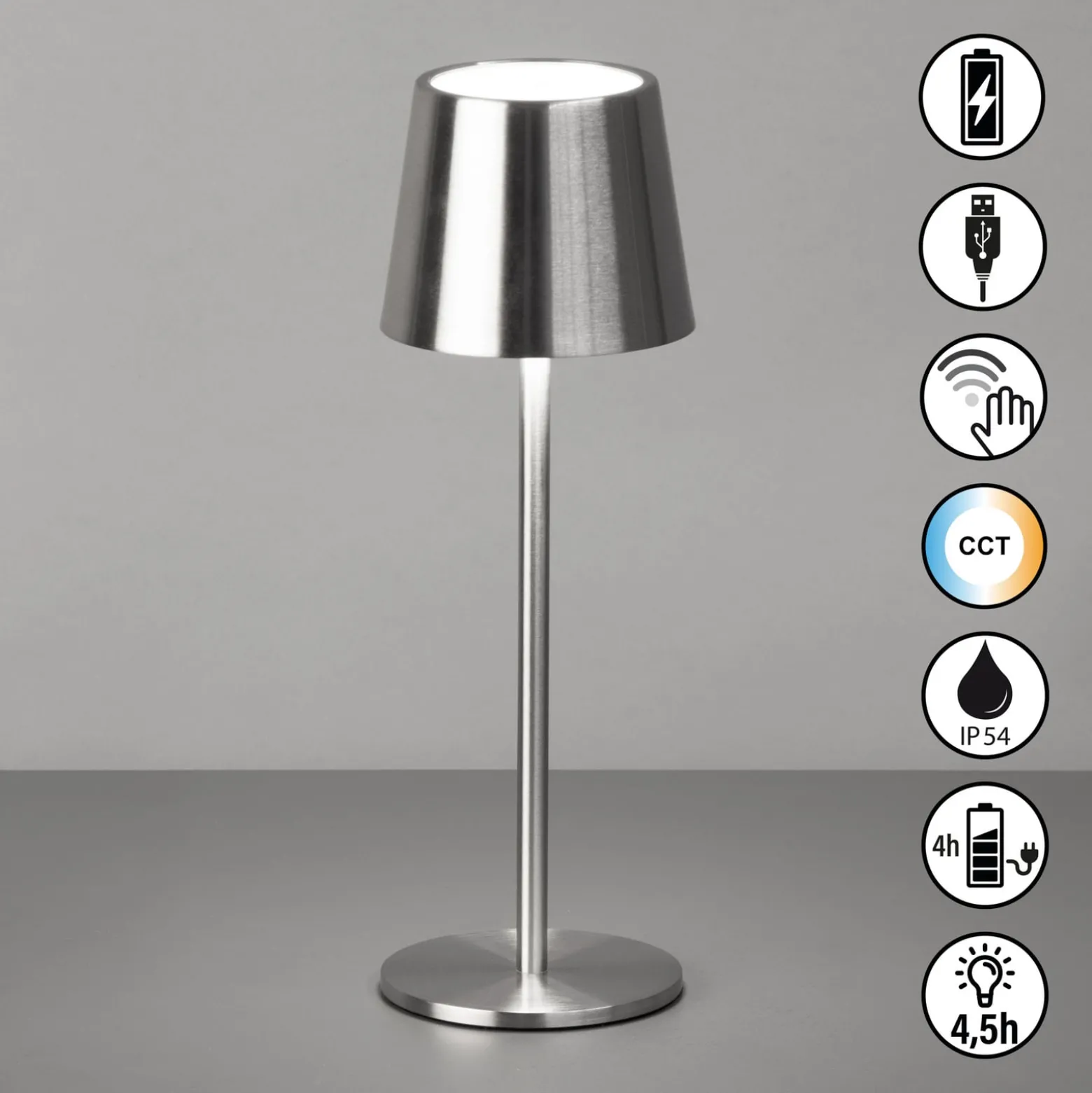 LED-Akku-Tischlampe Roxi, nickelfarben, Metall, IP54, Dimmer