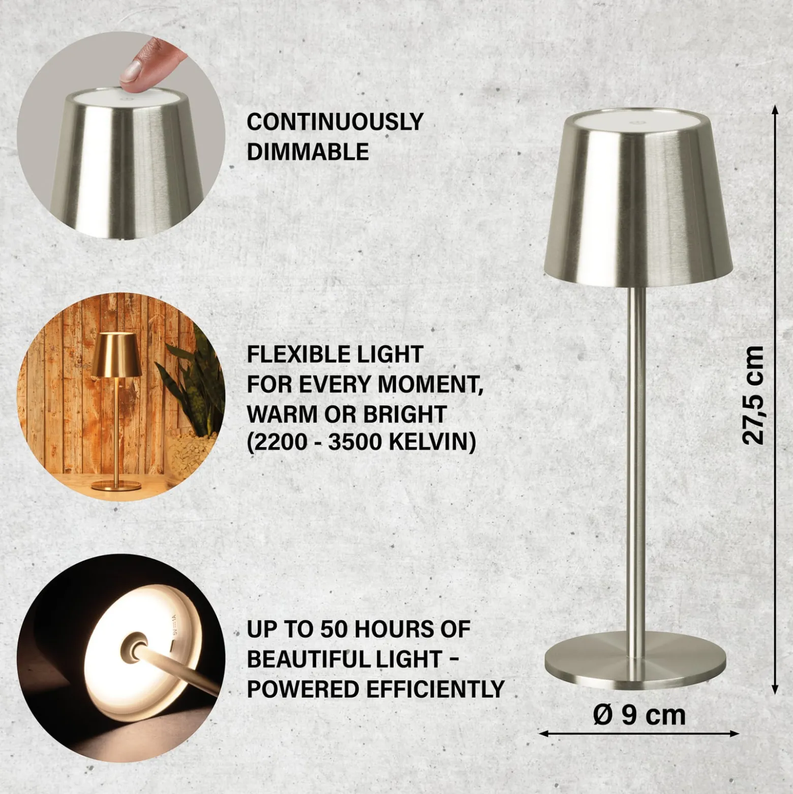 LED-Akku-Tischlampe Roxi, nickelfarben, Metall, IP54, Dimmer