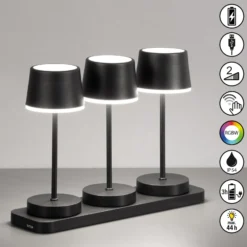LED-Akku-Tischleuchte Gardo 3er-Set, Ladestation, schwarz