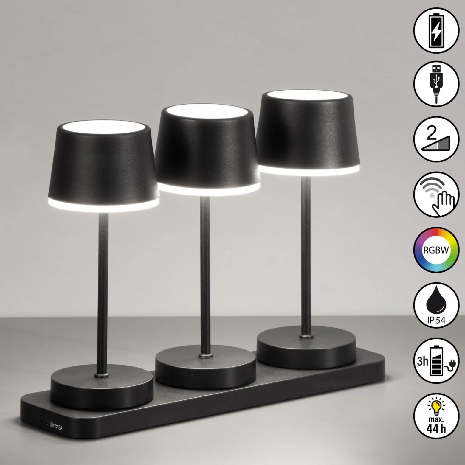 LED-Akku-Tischleuchte Gardo 3er-Set, Ladestation, schwarz