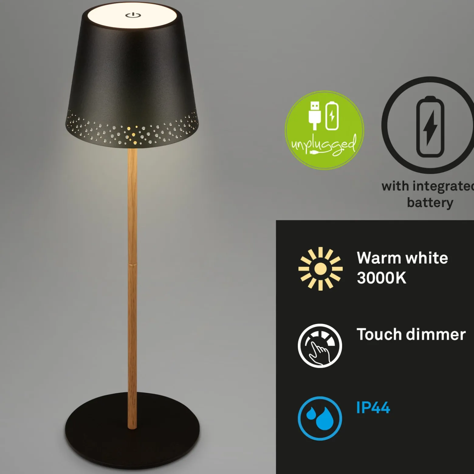 LED-Akku-Tischleuchte Kiki, schwarz/gold, IP44, 3.000K