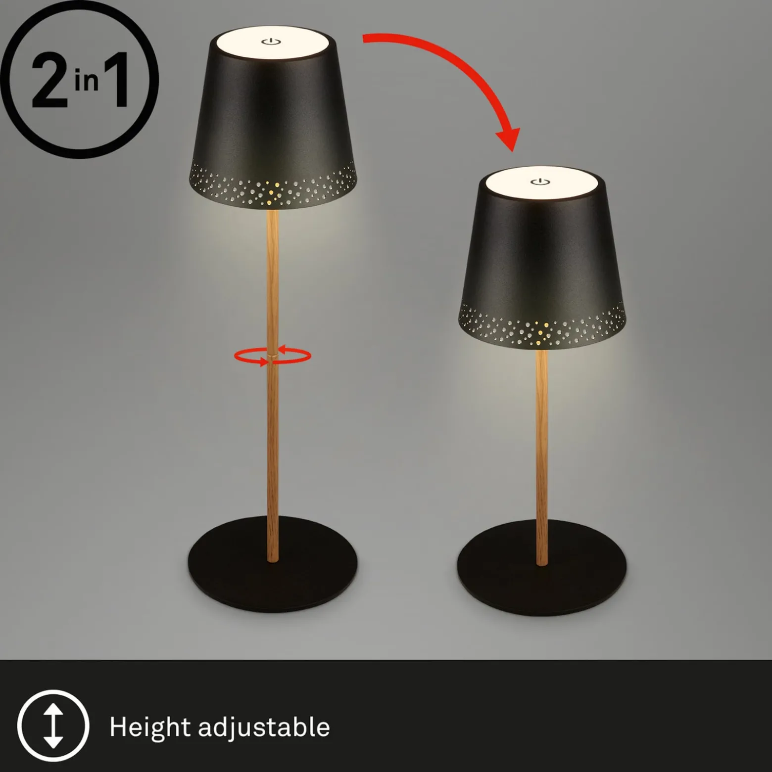 LED-Akku-Tischleuchte Kiki, schwarz/gold, IP44, 3.000K