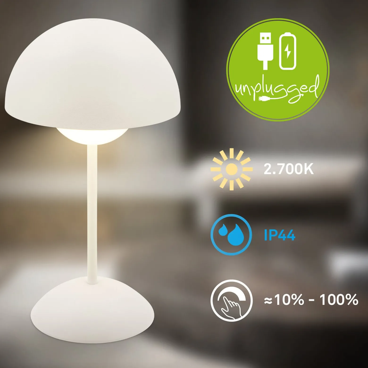 LED-Akku-Tischleuchte Kugle, weiß, Metall, IP44, dimmbar