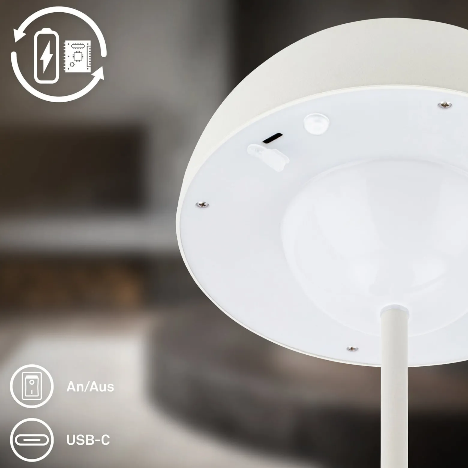 LED-Akku-Tischleuchte Kugle, weiß, Metall, IP44, dimmbar