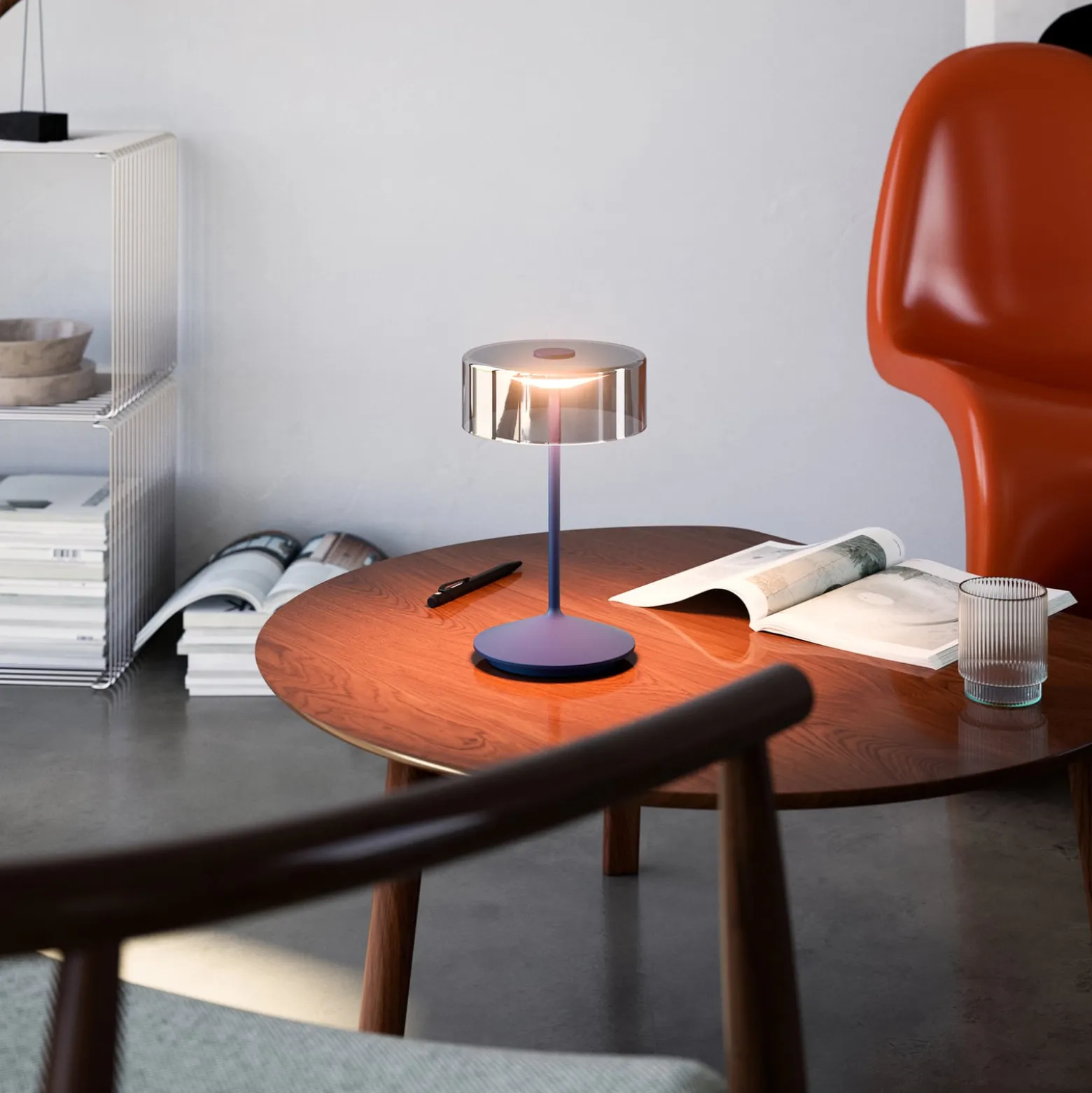 LED-Akkutischleuchte Numotion, blau, Glas, IP54, dimmbar
