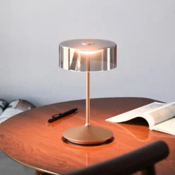 LED-Akkutischleuchte Numotion, bronze, Glas, IP54, dimmbar