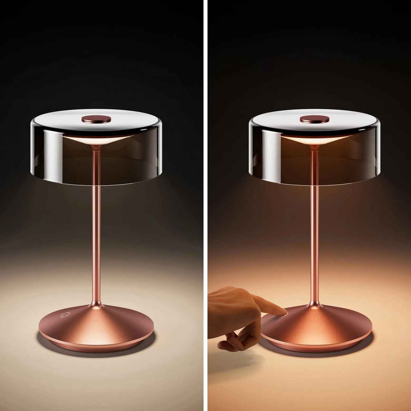 LED-Akkutischleuchte Numotion, rosegold, Glas, IP54, dimmbar