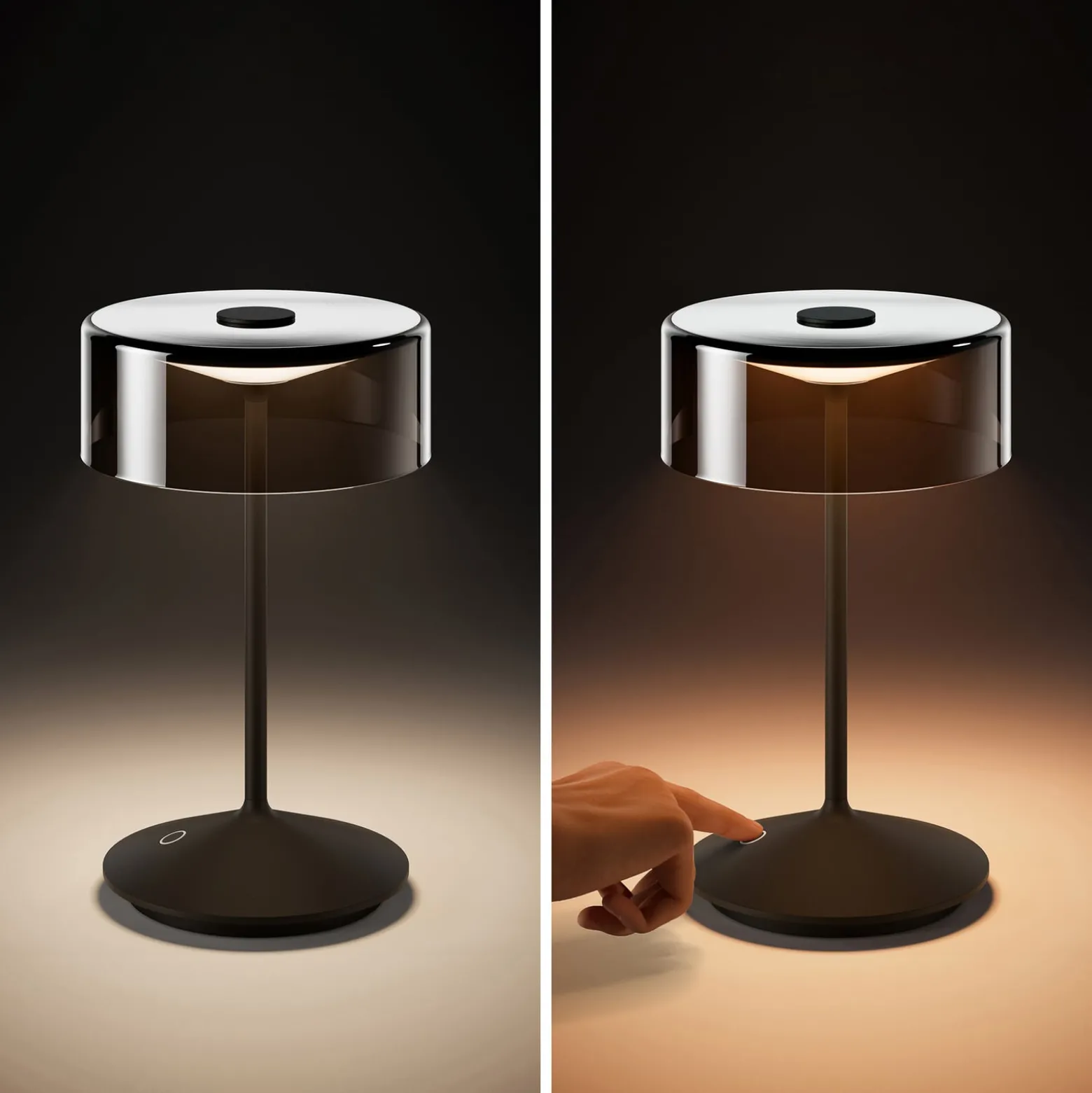 LED-Akkutischleuchte Numotion, schwarz, Glas, IP54, dimmbar