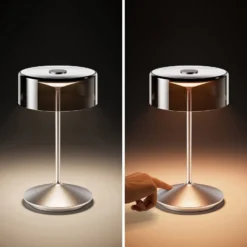 LED-Akkutischleuchte Numotion, silber, Glas, IP54, dimmbar