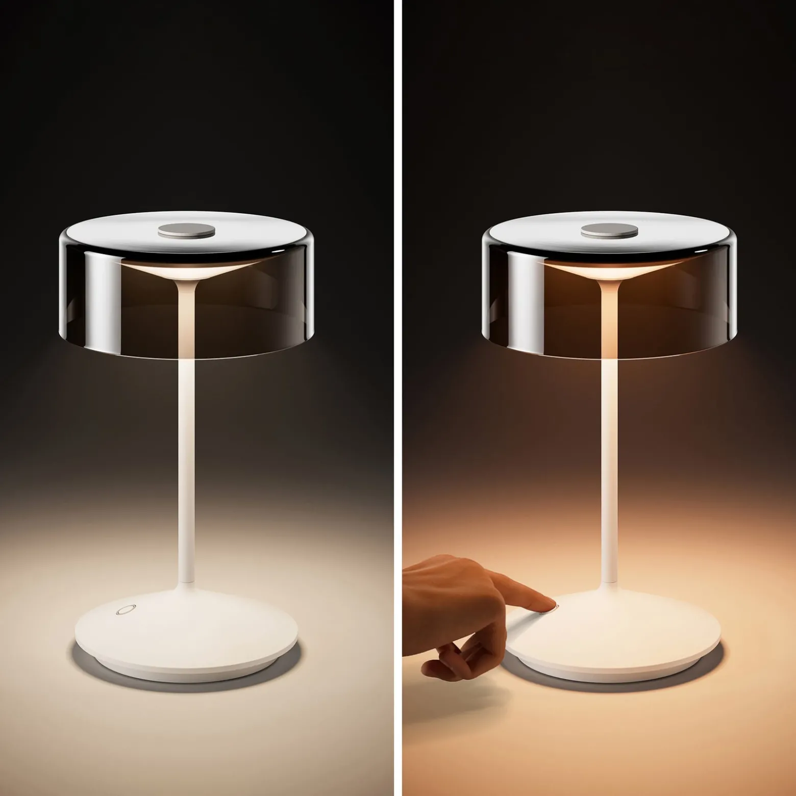 LED-Akkutischleuchte Numotion, weiß, Glas, IP54, dimmbar