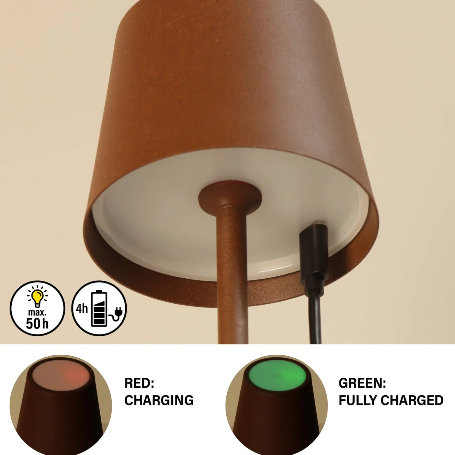 LED-Akku-Tischleuchte Roxi, rostfarben, Metall, IP54, Dimmer