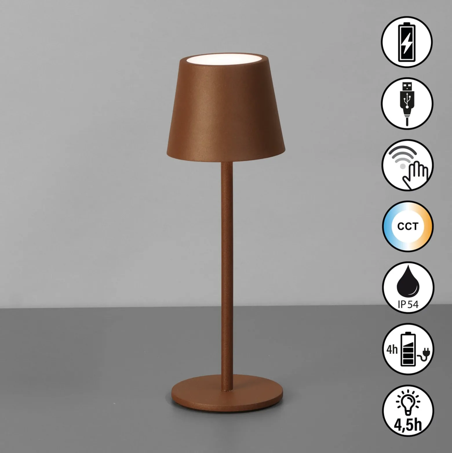 LED-Akku-Tischleuchte Roxi, rostfarben, Metall, IP54, Dimmer
