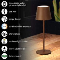 LED-Akku-Tischleuchte Roxi, rostfarben, Metall, IP54, Dimmer
