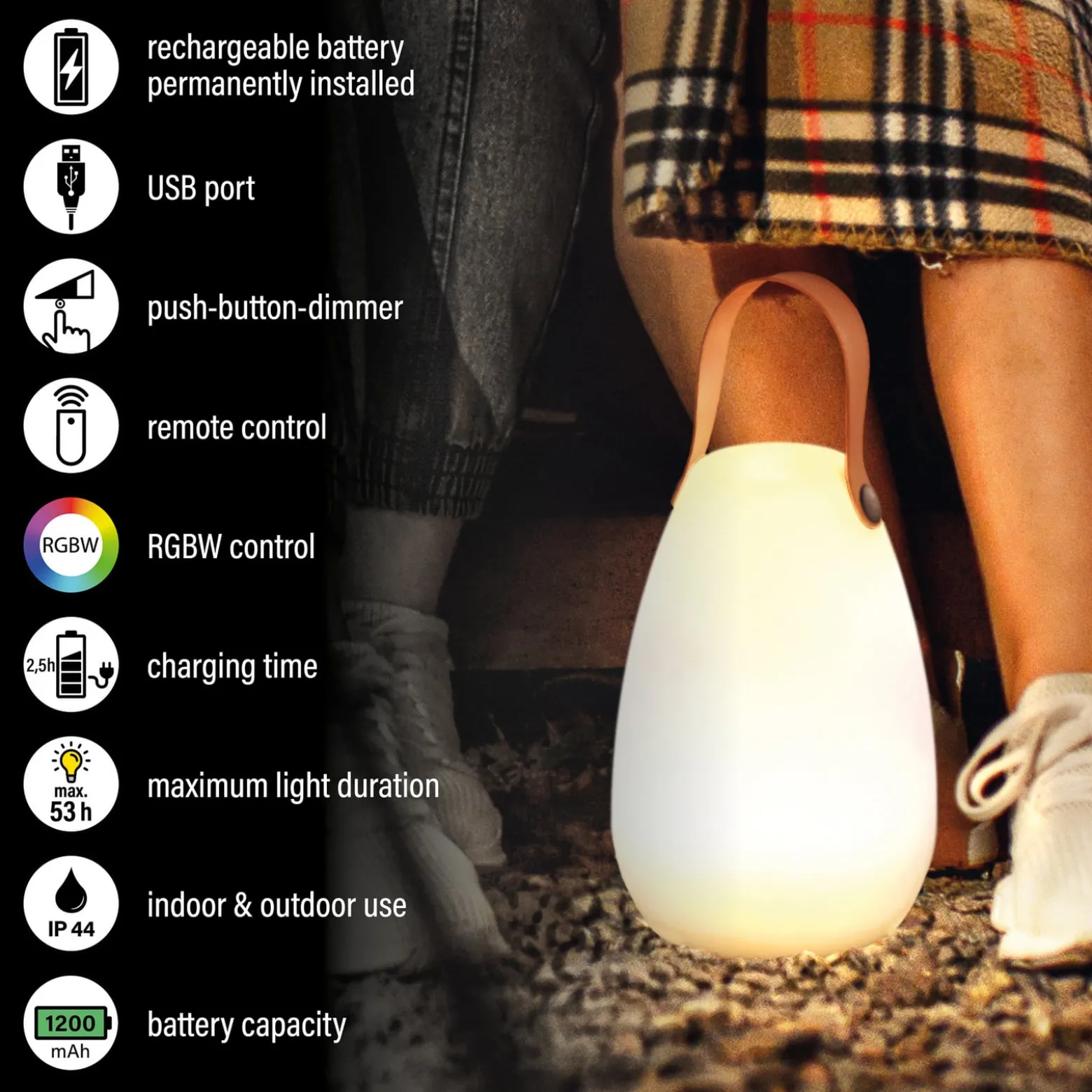 LED-Akku-Tischleuchte Ruby, Ø 14 cm, weiß, IP44, RGB dimmbar