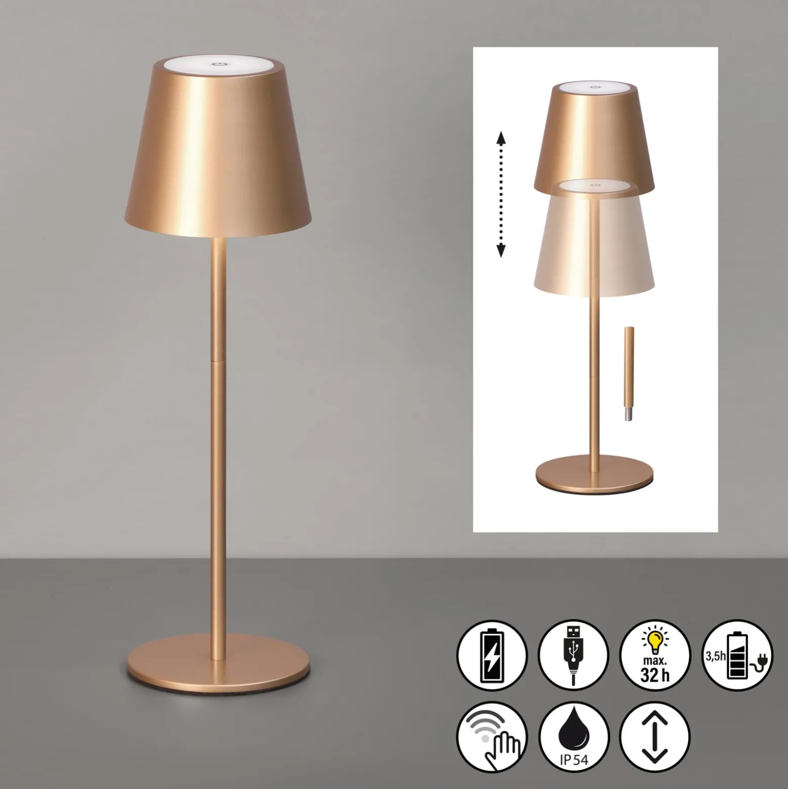 LED-Akku-Tischleuchte Viletto, kaffeebraun, IP54