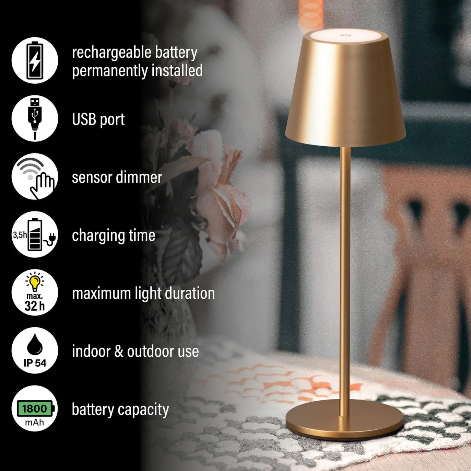LED-Akku-Tischleuchte Viletto, kaffeebraun, IP54