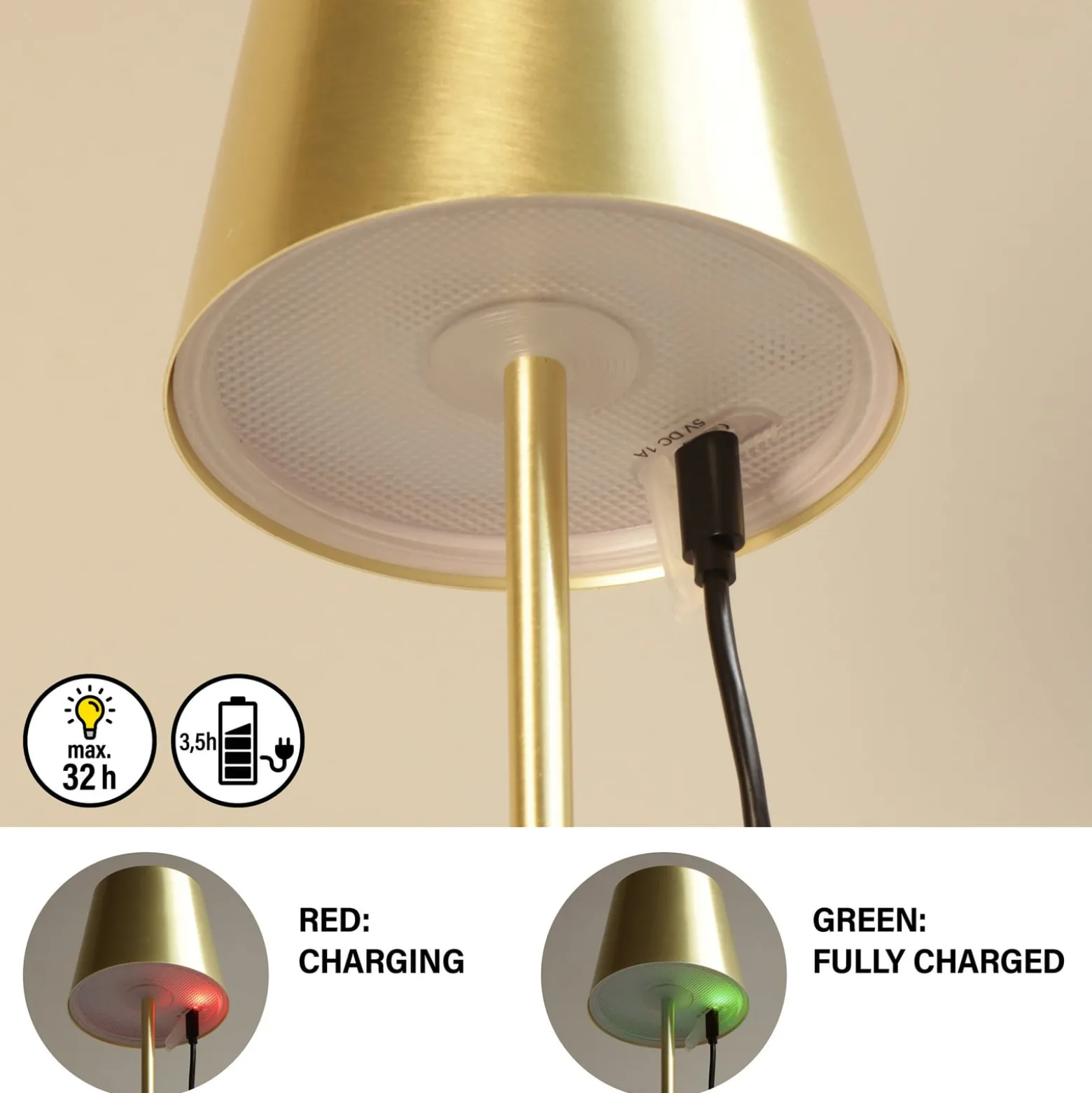 LED-Akku-Tischleuchte Viletto, messingfarben, IP54