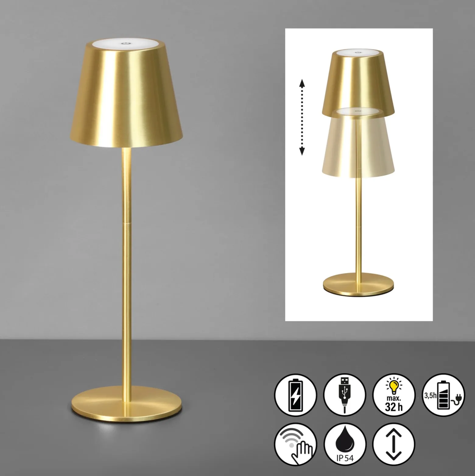 LED-Akku-Tischleuchte Viletto, messingfarben, IP54