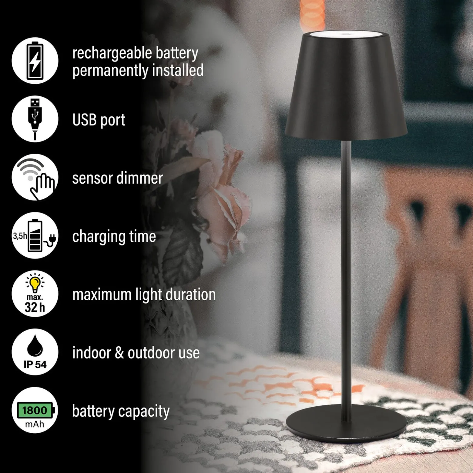 LED-Akku-Tischleuchte Viletto, schwarz, IP54