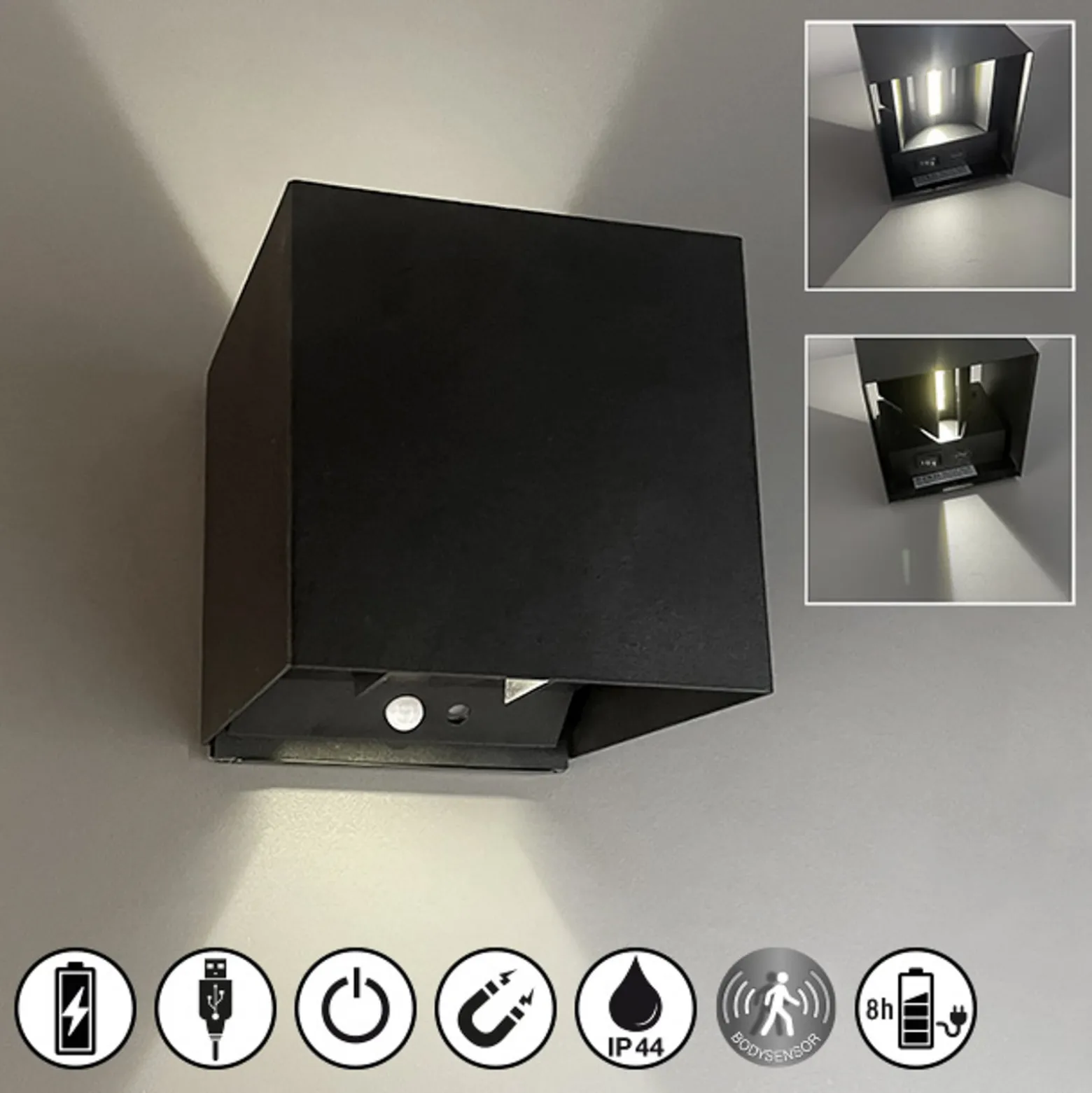 LED-Akkuwandlampe Magnetic, schwarz, 120°, up/down, Sensor