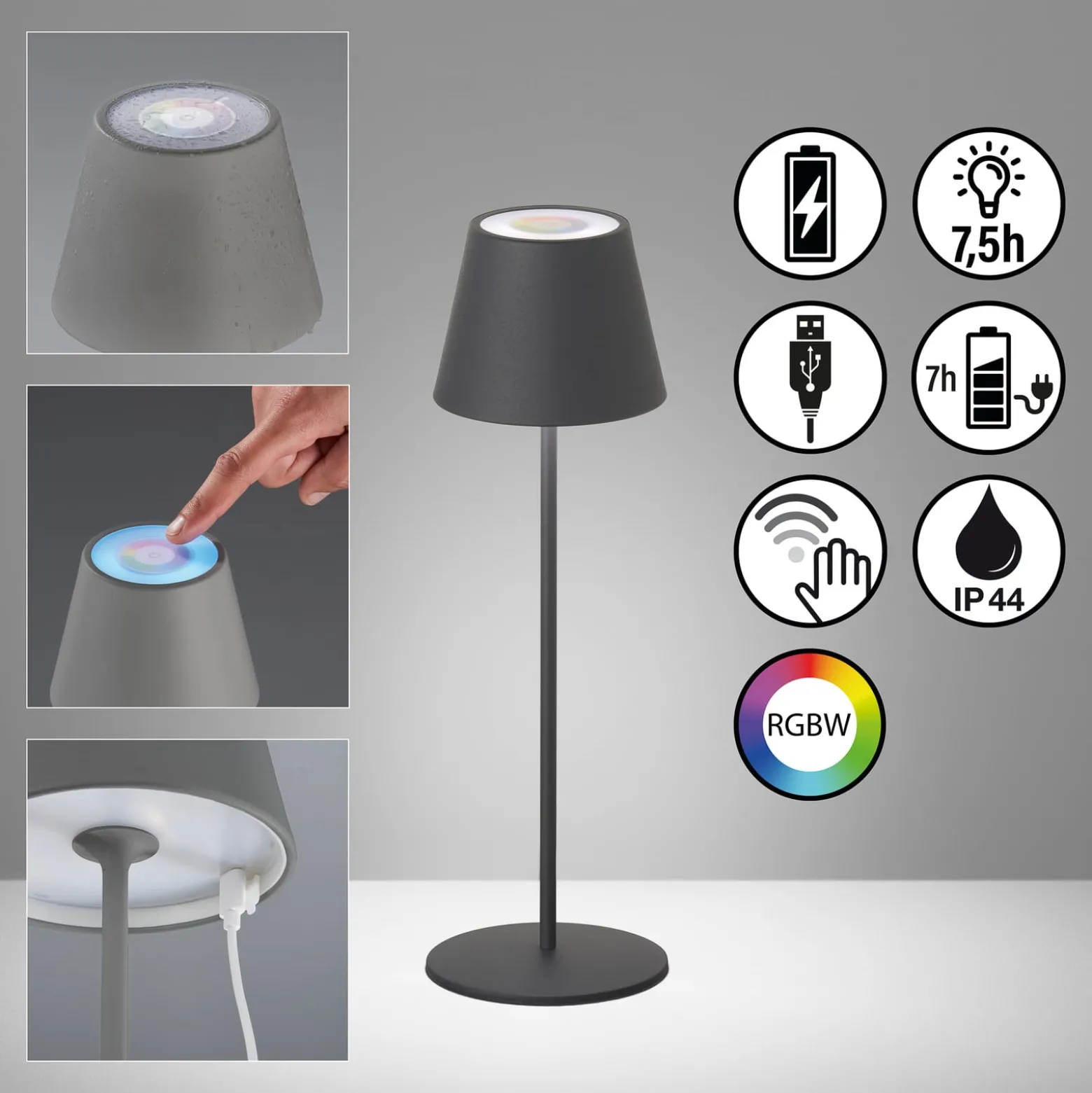 LED-Außentischlampe Cosenza mit Akku RGBW sandgrau