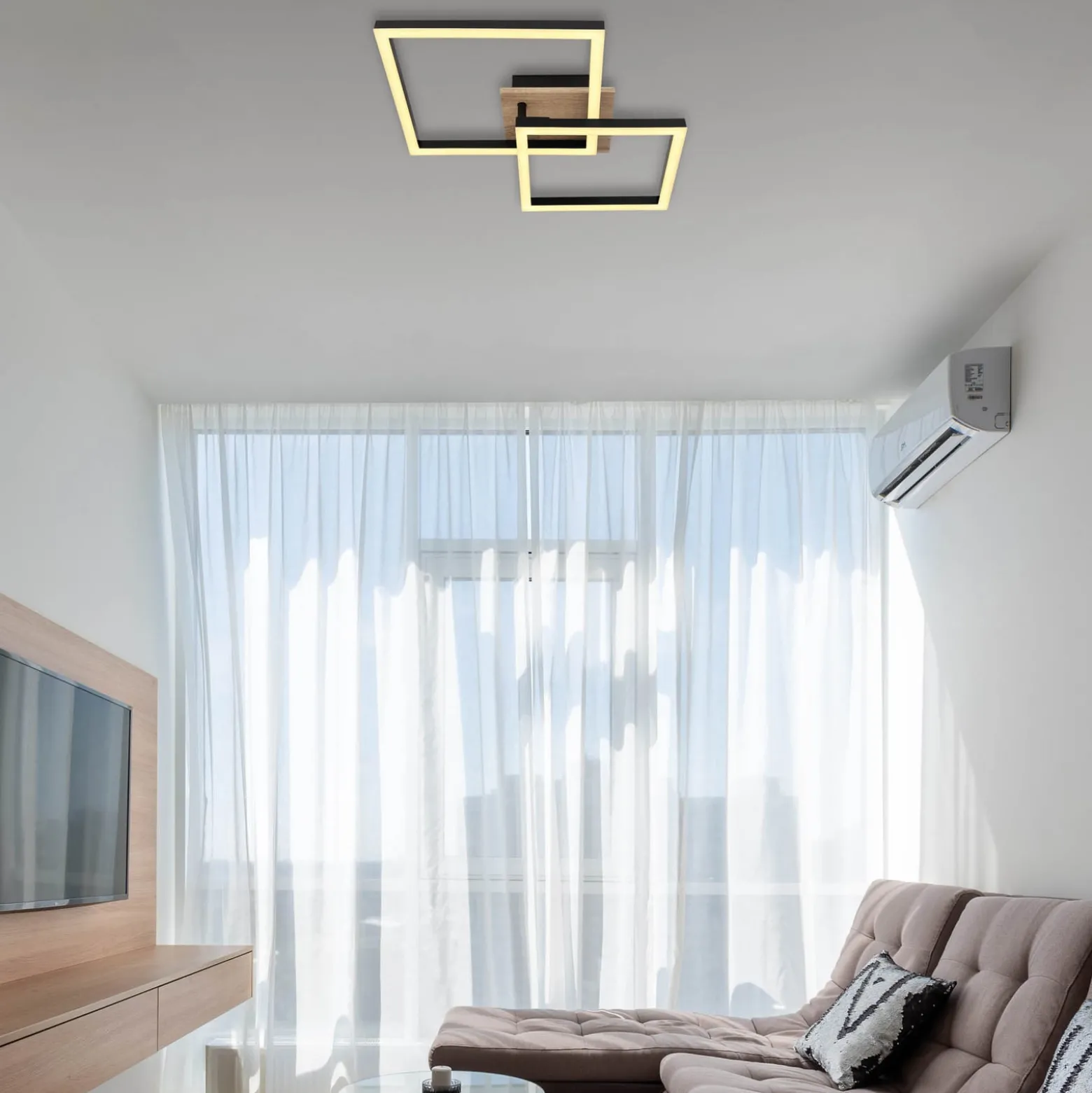 LED-Deckenlampe Bossy, Länge 53, schwarz/holz dunkel, Holz