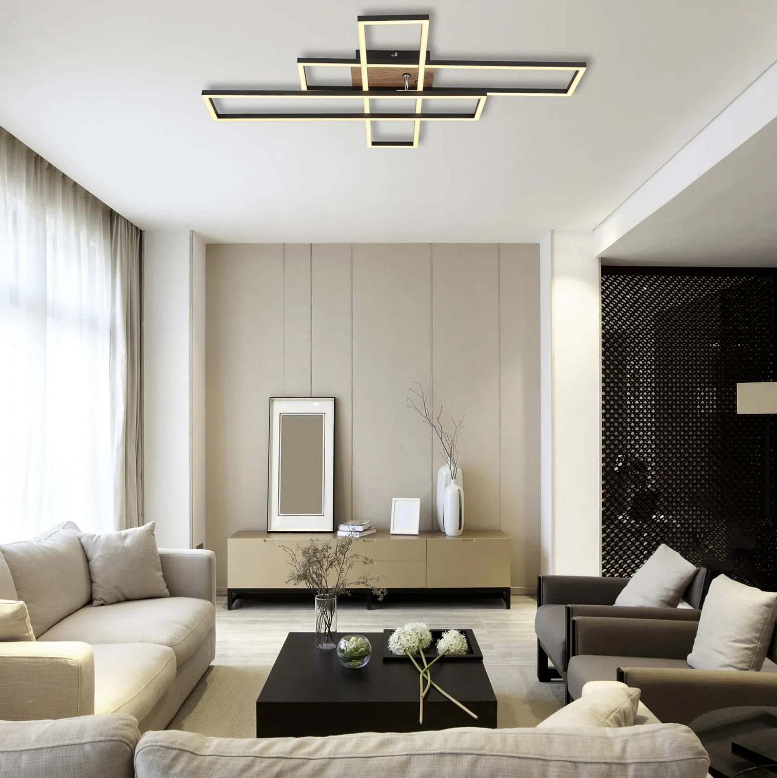 LED-Deckenlampe Dakari, Länge 80 cm, schwarz/holz, 3-flg.