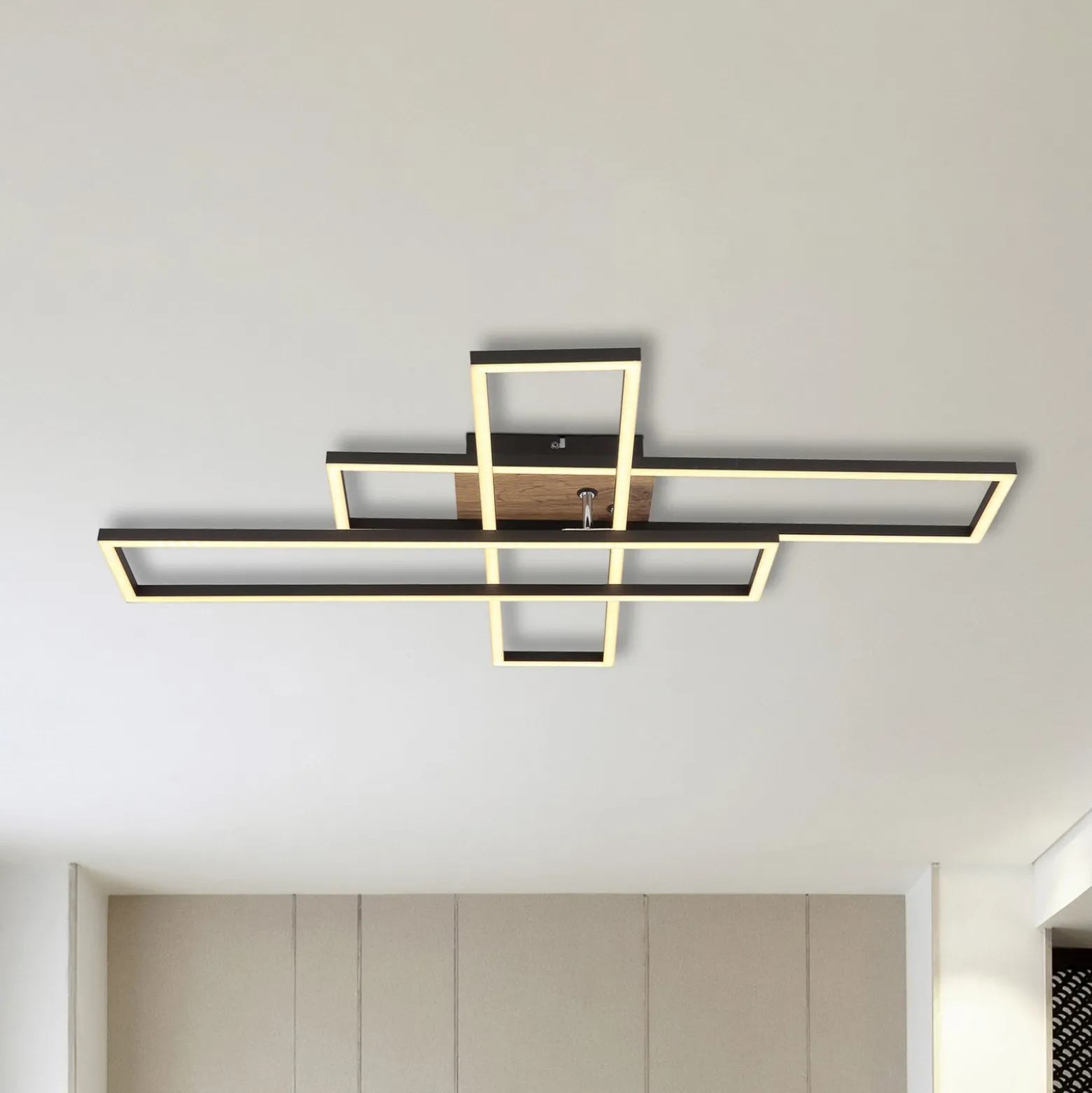 LED-Deckenlampe Dakari, Länge 80 cm, schwarz/holz, 3-flg.