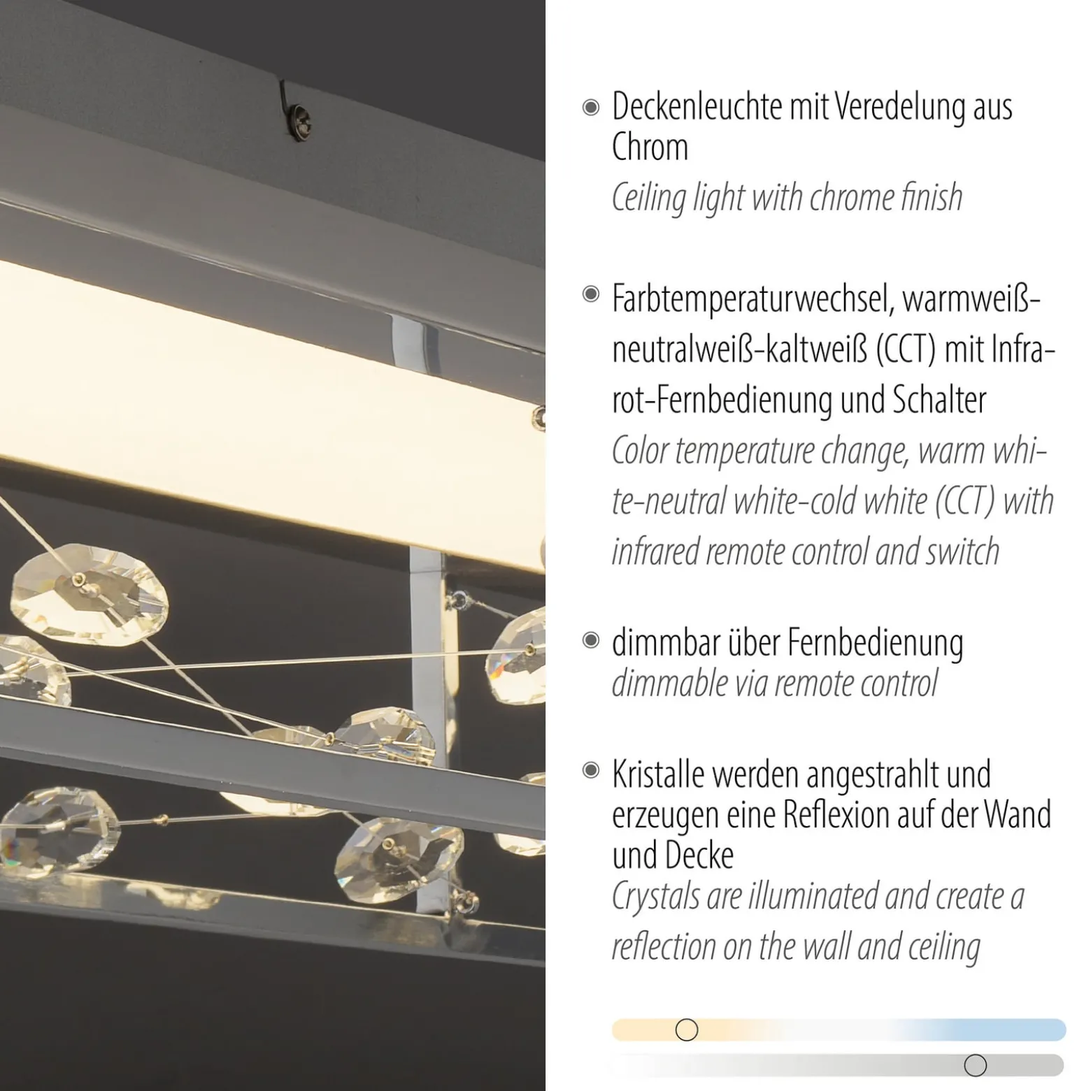 LED-Deckenlampe SKINA, chrom, 112 cm, CCT, dim Fernbedienung