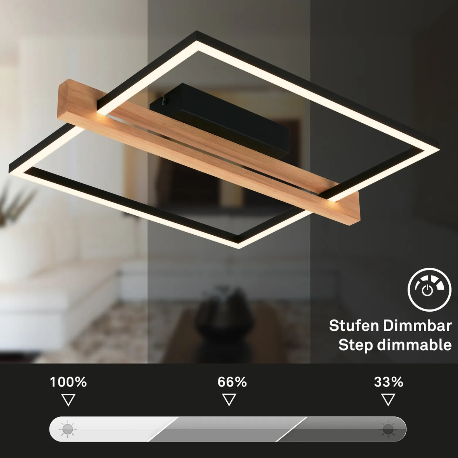 LED-Deckenleuchte Moldura, 43x35 cm, Holz, Metall, schwarz