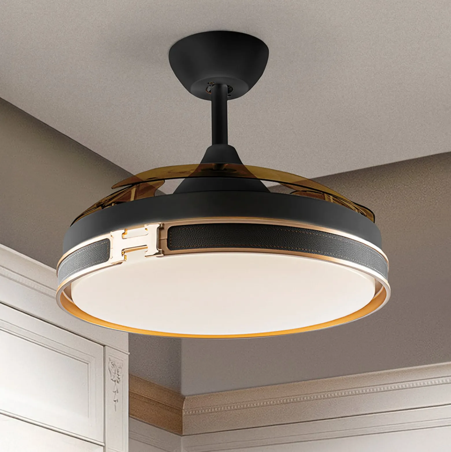 LED-Deckenventilator Herón schwarz/gold/rauch Ø 106 cm leise