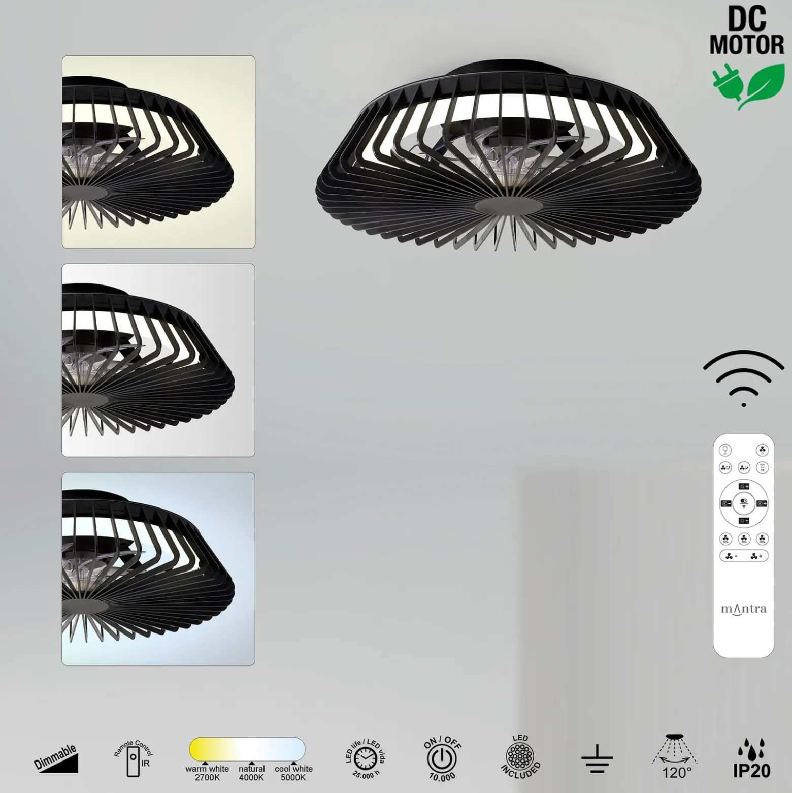 LED-Deckenventilator Himalaya Mini, schwarz, DC, leise, CCT