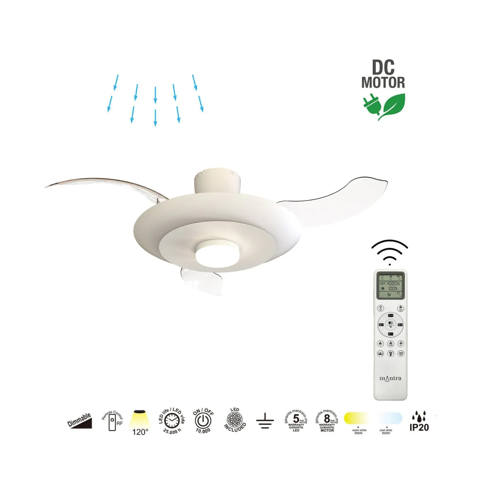 LED-Deckenventilator Kyoto, weiß, DC, leise, CCT, 106 cm